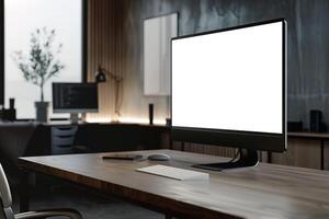 Overhead   of a Computer Mockup on a Desk with Work Tools Background photo