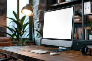 Overhead   of a Computer Mockup on a Desk with Business Items Background photo