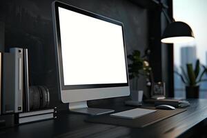 Overhead   of a Computer Mockup on a Desk with Workspace Items Background photo