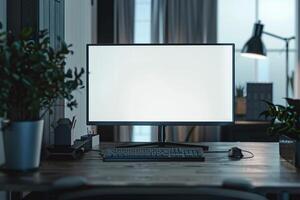 Overhead   of a Computer Mockup on a Desk with Desktop Accessories Background photo