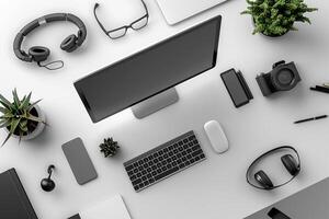 Overhead   of a Computer Mockup on a Desk with Desktop Setup Background photo