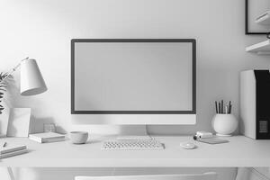 Overhead   of a Computer Mockup on a Desk with Desktop Setup Background photo