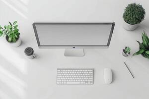 Overhead   of a Computer Mockup on a Desk with Desktop Setup Background photo