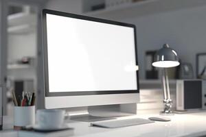 Computer Mockup on a White Desk with Tech Gadgets Around Background photo