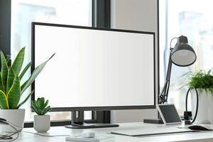 Computer Mockup on a White Desk with Tech Gadgets Around Background photo