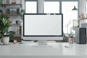 Computer Mockup on a White Desk with Tech Gadgets Around Background photo