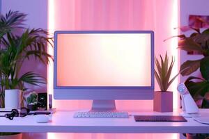 Computer Mockup on a White Desk with Tech Gadgets Around Background photo