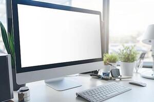 Computer Mockup on a White Desk with Tech Gadgets Around Background photo