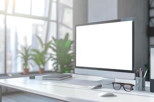 Computer Mockup on a White Desk with Tech Gadgets Around Background photo