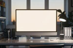 Computer Mockup on a White Desk with Tech Gadgets Around Background photo