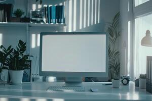 Computer Mockup on a White Desk with Tech Gadgets Around Background photo
