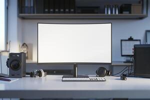 Computer Mockup on a White Desk with Tech Gadgets Around Background photo