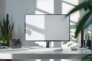Computer Mockup on a White Desk with Tech Gadgets Around Background photo