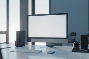 Computer Mockup on a White Desk with Tech Gadgets Around Background photo