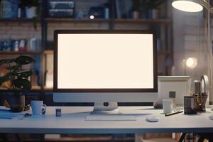 Computer Mockup on a White Desk with Tech Gadgets Around Background photo