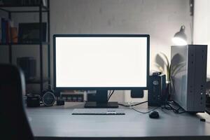 Computer Mockup on a White Desk with Tech Gadgets Around Background photo