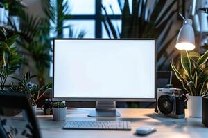 Computer Mockup on a White Desk with Tech Gadgets Around Background photo