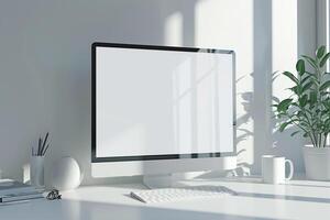 Computer Mockup on a White Desk with Tech Gadgets Around Background photo