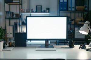 Computer Mockup on a White Desk with Tech Gadgets Around Background photo