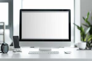 Computer Mockup on a White Desk with Tech Gadgets Around Background photo