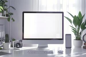 Computer Mockup on a White Desk with Tech Gadgets Around Background photo