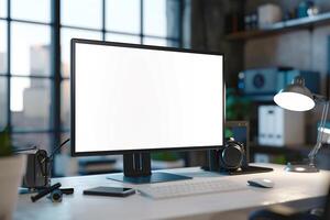 Computer Mockup on a White Desk with Tech Gadgets Around Background photo
