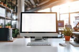 Computer Mockup on a White Desk Surrounded by Various Tech Gadgets photo
