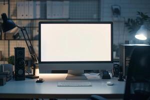 Computer Mockup on a White Desk with Tech Gadgets Around Background photo