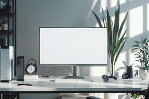 Computer Mockup on a White Desk Surrounded by Various Tech Gadgets photo