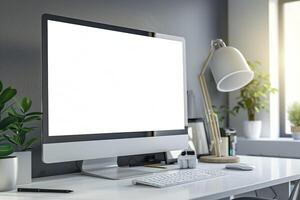 Computer Mockup on a White Desk Surrounded by Various Tech Gadgets photo