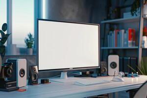 Computer Mockup on a White Desk with Tech Gadgets Around Background photo