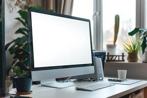 Computer Mockup on a White Desk Surrounded by Various Tech Gadgets photo