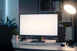 Computer Mockup on a White Desk with Tech Gadgets and Various Electronic Components photo