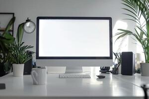 Computer Mockup on a White Desk with Tech Gadgets and Various Electronic Components photo