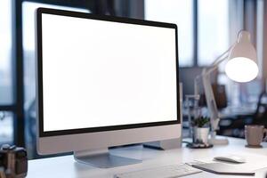 Computer Mockup on a White Desk with Tech Gadgets and Various Electronic Components photo