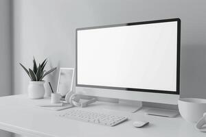 Computer Mockup on a White Desk with Tech Gadgets and Various Electronic Components photo