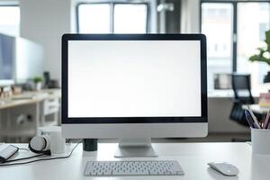 Computer Mockup on a White Desk with Tech Gadgets and Various Electronic Components photo