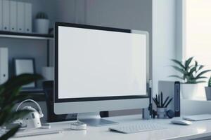 Computer Mockup on a White Desk with Tech Gadgets and Various Electronic Components photo