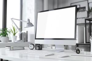 Computer Mockup on a White Desk with Tech Gadgets and Various Electronic Components photo