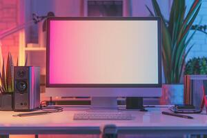 Computer Mockup on a White Desk with Tech Gadgets and Various Electronic Components photo