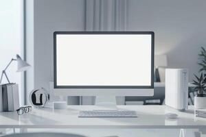 Computer Mockup on a White Desk with Tech Gadgets and Various Electronic Components photo