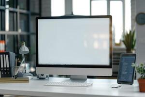 Computer Mockup on a White Desk with Tech Gadgets and Various Electronic Components photo