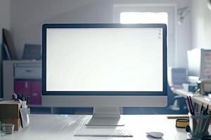 Computer Mockup on a White Desk with Tech Gadgets and Various Electronic Components photo