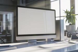 Computer Mockup on a White Desk with Tech Gadgets and Various Electronic Components photo