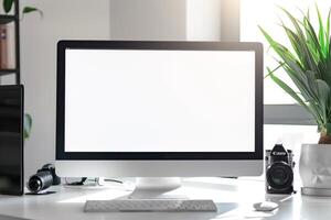 Professional Computer Mockup on White Desk with Tech Gadgets and Electronic Devices photo