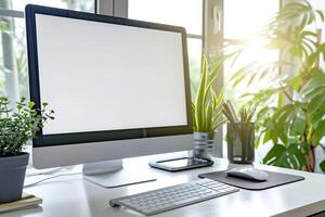 Computer Mockup on a White Desk with Tech Gadgets and Various Electronic Components photo