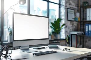 Tech Gadgets and Computer Mockup on a White Desk with   Office Background photo