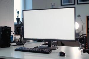 White Desk with Computer Monitor Mockup Surrounded by Tech Gadgets and Accessories photo