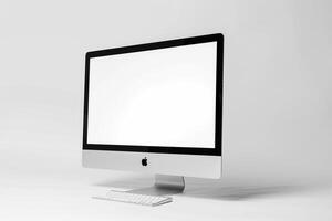 White Desk with Computer Monitor Mockup Featuring Blank Screen for Office Setup photo