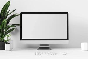 Blank Screen Computer Monitor Mockup on White Desk for Tech Presentations photo